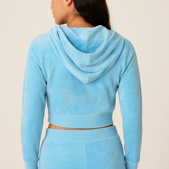 Juicy Couture Blue Velour Crop Zip Hoodie J Pull Rhinestone Logo Lounge Small - Picture 11 of 11